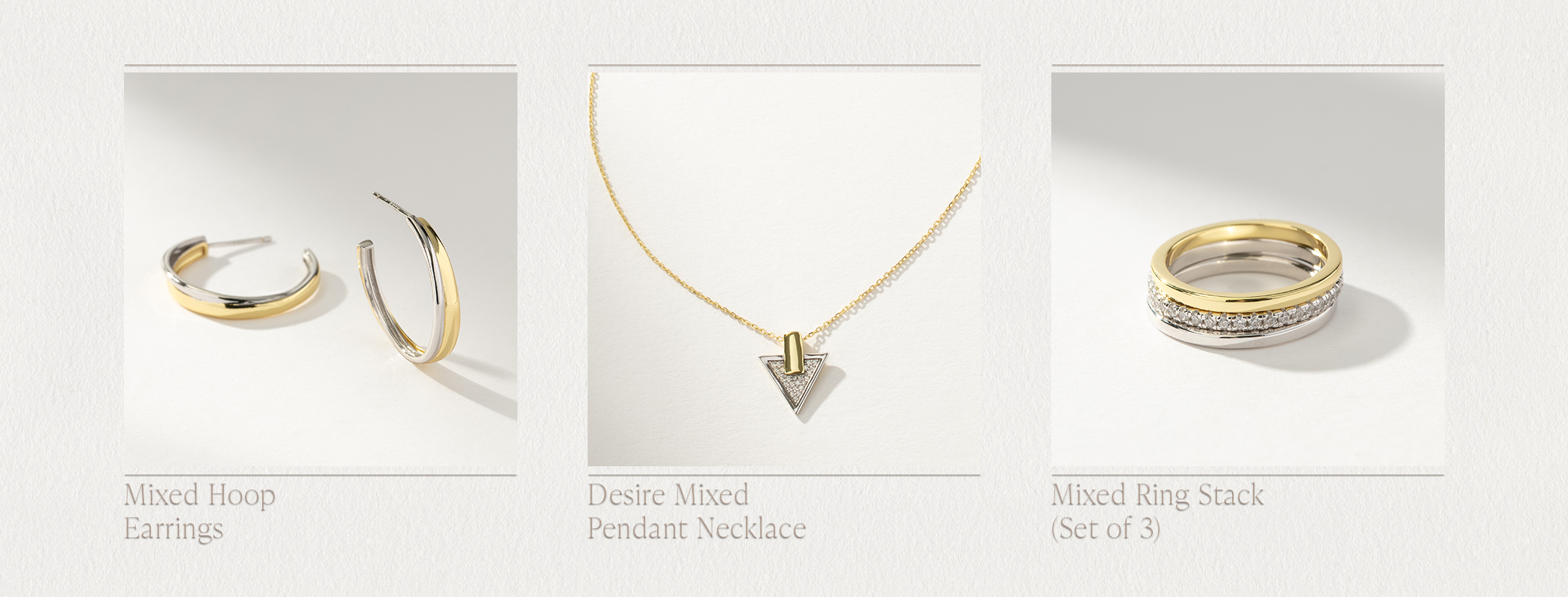 Mixed Hoop Earrings, Desire Mixed Pendant Necklace, Mixed Ring Stack (Set of 3)