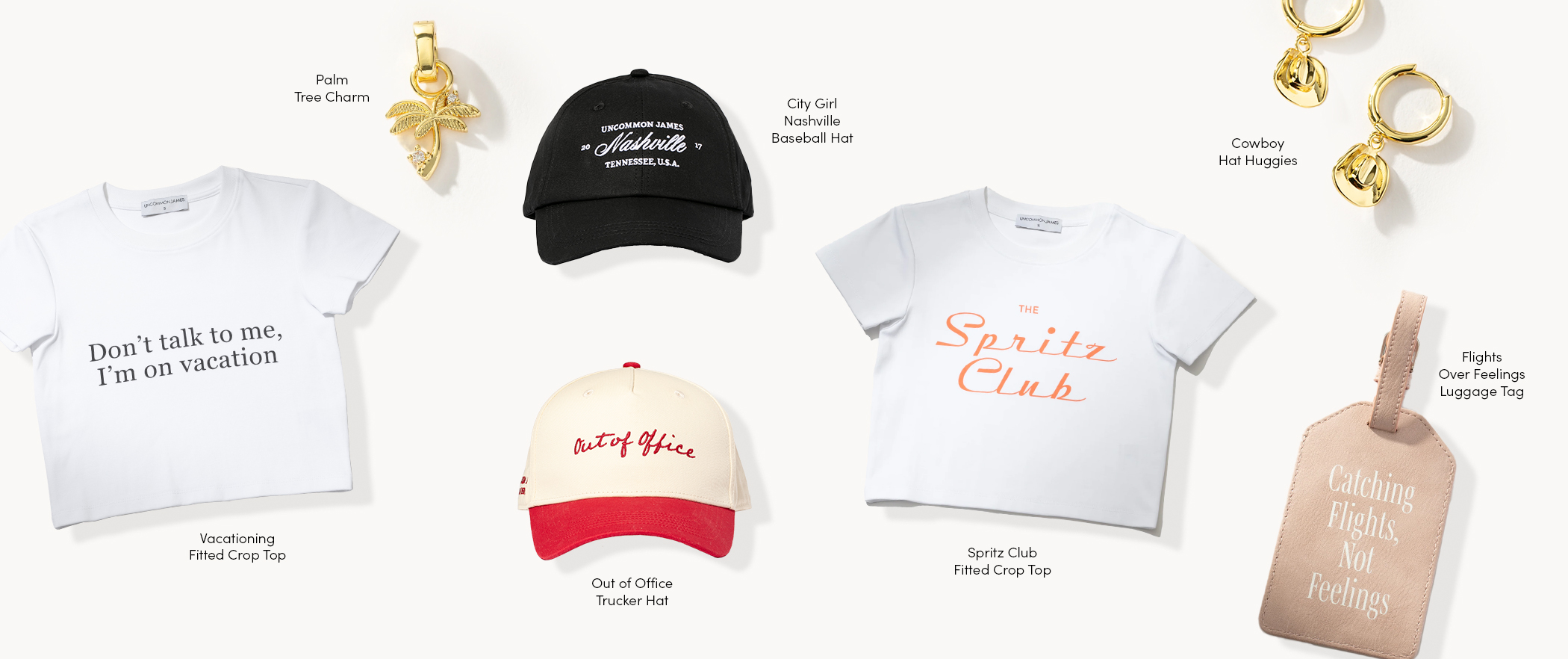 Palm Tree Charm, City Girl Nashville Baseball Hat, Cowboy Hat Huggies, Vacationing Fitted Crop Top, Out of Office Trucker Hat, Spritz Club Fitted Crop Top, Flights Over Feelings Luggage Tag